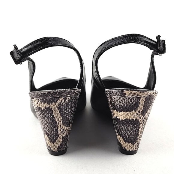 ARTURO CHIANG Black Leather Reptile Print Wedge Slingback Shoe Peep Toe Sz 7.5M - Picture 5 of 16